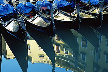 Gondolas and reflections, Orseole, near St. Mark's Square, Venice, Veneto, Italy, Europe