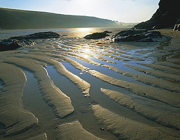 Ripples in sandy beach at dawn, Porthcothan, near Newquay, Cornwall, England, UK, Europe