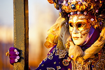 Portrait of a person dressed in mask and costume taking part in Carnival, Venice Carnival, Venice, Veneto, Italy, Europe