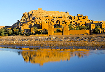 Kasbah Ait Benhaddou (Ait-Ben-Haddou) reflected in river in early morning, UNESCO World Heritage Site, near Ouarzazate, Morocco, North Africa, Africa