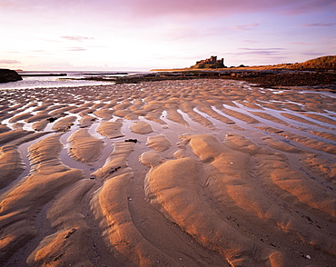 Bamburgh castle and Bamburgh beach at sunrise, Bamburgh, Northumberland, England, United Kingdom, Europe