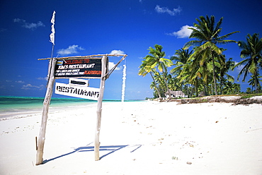 Restaurant sign on beach at Jambiani, island of Zanzibar, Tanzania, East Africa, Africa