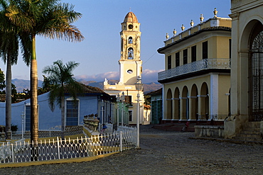 Street scene with church belltower, Trinidad, UNESCO World Heritage Site, Cuba, West Indies, Central America