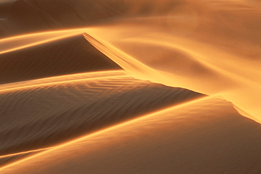 Sand blowing on crest of dune in Erg Chebbi, Sahara Desert, near Merzouga, Morocco, North Africa, Africa