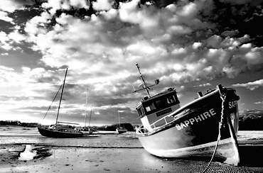 Infrared image of boats on Aln Estuary at low tide, Alnmouth, near Alnwick, Northumberland, England, United Kingdom, Europe