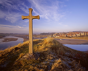 View from Church Hill across the Aln Estuary towards Alnmouth bathed in the warm light of a winter's afternoon, Alnmouth, Alnwick, Northumberland, England, United Kingdom, Europe