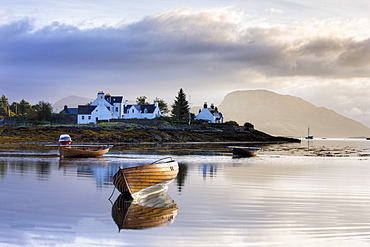 Dawn view of Plockton with rowing boats and whitewashed houses, Plokton, near Kyle of Lochalsh, Highland, Scotland, United Kingdom, Europe