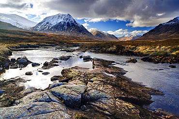 Winter view over River Etive towards snow-capped mountains, Rannoch Moor, near Fort William, Highland, Scotland, United Kingdom, Europe