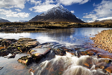 Winter view over River Etive towards snow-capped Buachaille Etive Mor, Rannoch Moor, near Fort William, Highland, Scotland, United Kingdom, Europe