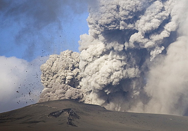 Eyjafjallajokull eruption showing billowing ash plume and rocks exploding into the sky of southern Iceland, Iceland, Polar Regions