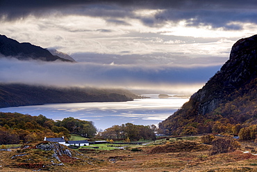 Early morning mist hanging over Loch Maree with Tollie Farm in foreground, near Poolewe, Achnasheen, Wester Ross, Highlands, Scotland, United Kingdom, Europe