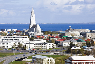 View of central Reykjavik from Perlan showing the modern church of Hallgrimskirkja, Reykjavik, Iceland, Polar Regions