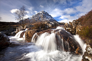 Winter view of Buachaile Etive More from the Coupall Falls on the River Coupall, Glen Etive, Highlands, Scotland, United Kingdom, Europe