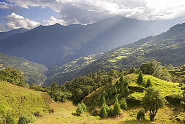 Storm light bathing Tshankha village against a dramatic backdrop of mountains, Phobjikha Valley, Bhutan, Himalayas, Asia