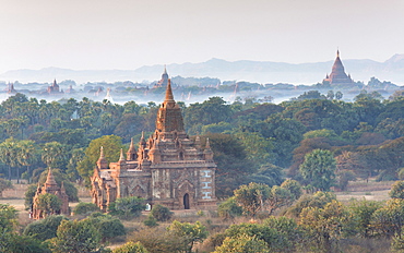 View over the temples of Bagan swathed in early morning mist, from Shwesandaw Paya, Bagan, Myanmar (Burma), Southeast Asia