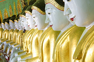 Some of the 45 Buddha images found at a crescent-shaped colonnade at Umin Thounzeh on Sagaing Hill, near Mandalay, Myanmar (Burma), Asia 