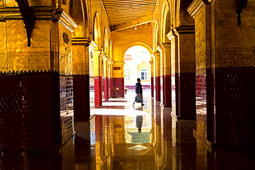 Courtyard with columns and ceiling covered in gold leaf, Mahamuni Paya, Mandalay, Myanmar (Burma), Southeast Asia