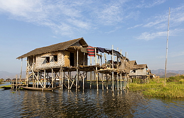 Houses built on stilts in the village of Nampan on the edge of Inle Lake, Myanmar (Burma), Southeast Asia