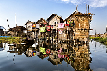 Houses built on stilts in the village of Nampan on the edge of Inle Lake, Myanmar (Burma), Southeast Asia