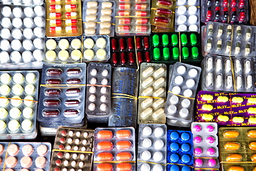 Pharamceuticals for sale in the town market, Kengtung (Kyaingtong), Myanmar (Burma), Asia