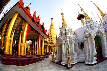 Fisheye image of temples and shrines at Shwedagon Paya (Pagoda), Yangon (Rangoon), Myanmar (Burma), Asia