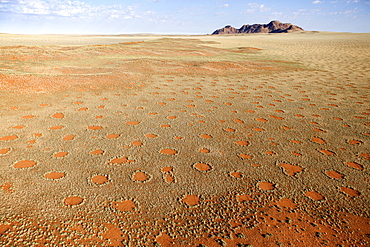 Aerial view from hot air balloon over magnificent desert landscape covered in 'Fairy Circles', Namib Rand game reserve Namib Naukluft Park, Namibia, Africa