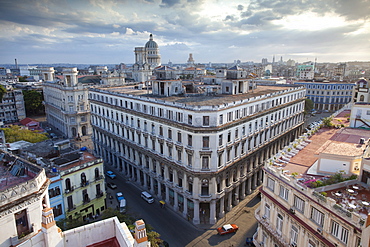 View over rooftops of Havana during late afternoon towards The Capitolio from the roof of the Bacardi Building, Havana Centro, Cuba