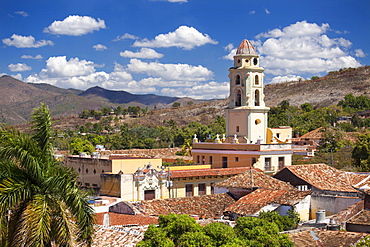 View over pantiled rooftops of the town towards the belltower of The Convento de San Francisco de Asis, Trinidad, UNESCO World Heritage Site, Cuba, West Indies, Central America 