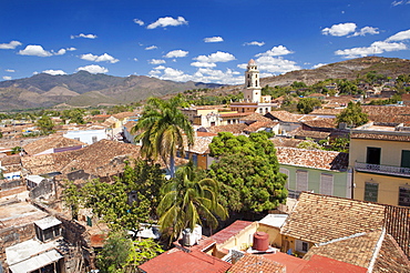 View over pantiled rooftops of the town towards the belltower of The Convento de San Francisco de Asis, Trinidad, UNESCO World Heritage Site, Cuba, West Indies, Central America 