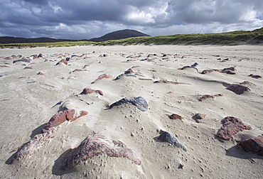 Uig Beach with patterns in the foreground created by wind blowing the sand, Isle of Lewis, Outer Hebrides, Scotland, United Kingdom, Europe 