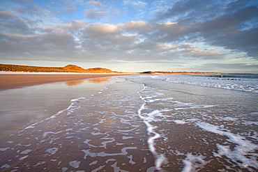 Looking across Embleton Bay just after sunrise towards the sunlit sand dunes at Embleton and Low Newton, with gentle waves washing up the beach in the foreground, Embleton, near Alnwick, Northumberland, England, United Kingdom, Europe 