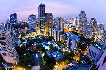 Fisheye view of Bangkok at night from Rembrandt Hotel and Towers, Sukhumvit 18, Bangkok, Thailand, Southeast Asia, Asia