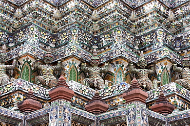 Detail of the Central Prang showing demon figures and ceramic decoration created using broken ceramics used as ballast in the 19th century on Chinese trading ships, Wat Arun, Bangkok, Thailand, Southeast Asia, Asia