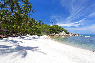 Private secluded beach fringed by palm trees at the Silavadee Pool Spa Resort near Lamai, Koh Samui, Thailand, Southeast Asia, Asia