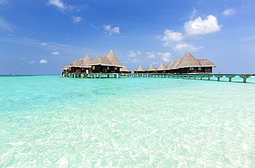 Clear sea, blue sky and over-water villas, Coco Palm Resort, Dhuni Kolhu, Baa Atoll, Republic of Maldives, Indian Ocean, Asia