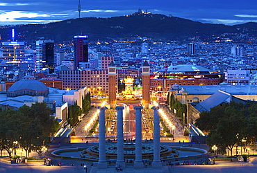 View at twilight from the steps to the Palau Nacional on Montjuic Hill over Barcelona, Catalonia, Spain, Europe