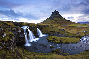 Mountain river with Kirkjufell (Church Mountain) in background, Grundafjordur, Snaefellsnes Peninsula, Iceland, Polar Regions