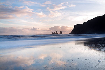 Rock stacks of Reynisfjara, captured from beach at Vik Y Myrdal at sunset, South Iceland, Polar Regions