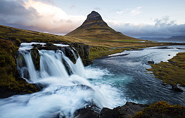 View of Kirkjufell (Church Mountain) and mountain stream, Grundafjordur, Snaefellsnes Peninsula, Iceland, Polar Regions