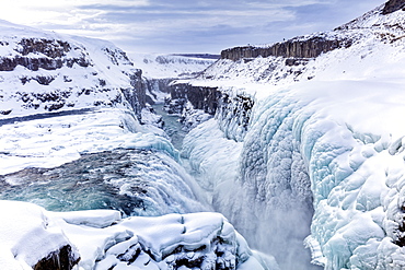 Gullfoss Waterfall, partly frozen in winter, Gullfoss, Iceland, Polar Regions