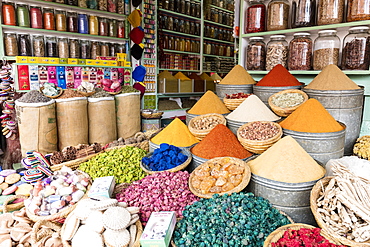 Display of spices and pot pourri in spice market (Rahba Kedima Square) in the souks of Marrakech, Morocco, North Africa, Africa