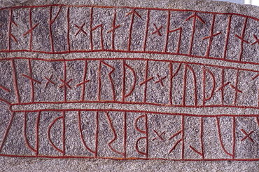 Runic stone erected by Ake in memory of his borther Ulf circa 1000AD, Lund, Sweden, Scandinavia, Europe