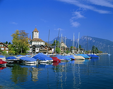 Boats on the water and the town of Spiez on Lake Thunersee in the Bernese Oberland, Switzerland, Europe