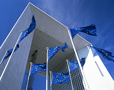 La Grande Arche and EU flags, La Defense, Paris, France, Europe