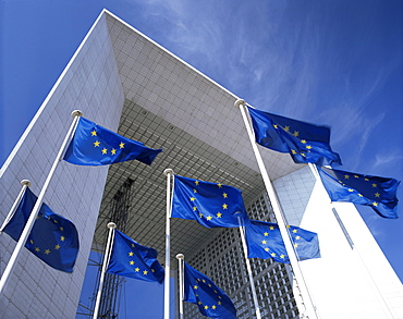 European Union flags and the Grande Arche, La Defense, Paris, France, Europe