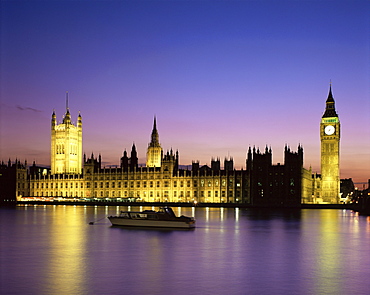 Big Ben and Houses of Parliament, UNESCO World Heritage Site, illuminated at sunset, London, England, United Kingdom, Europe