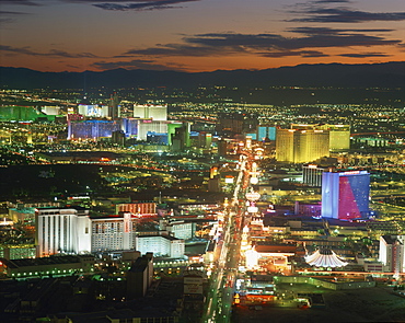 Aerial view over lights of the city at night, Las Vegas, Nevada, United States of America, North America