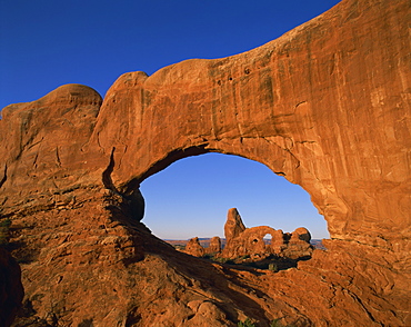 Rock formations caused by erosion and known as North Window Arch, Arches National Park, Utah, United States of America, North America