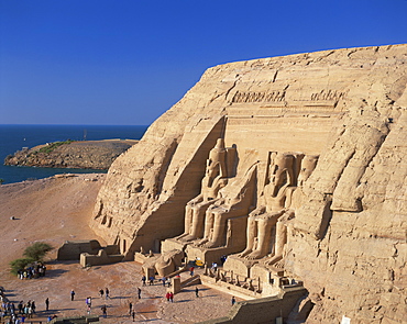 Aerial view over the Temple of Re-Herakhte (Sun Temple) (Great Temple) built for Ramses II, moved to current site when the Aswan High Dam was built, Abu Simel, UNESCO World Heritage Site, Nubia, Egypt, North Africa, Africa