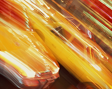 Blurred yellow cabs, New York, United States of America, North America